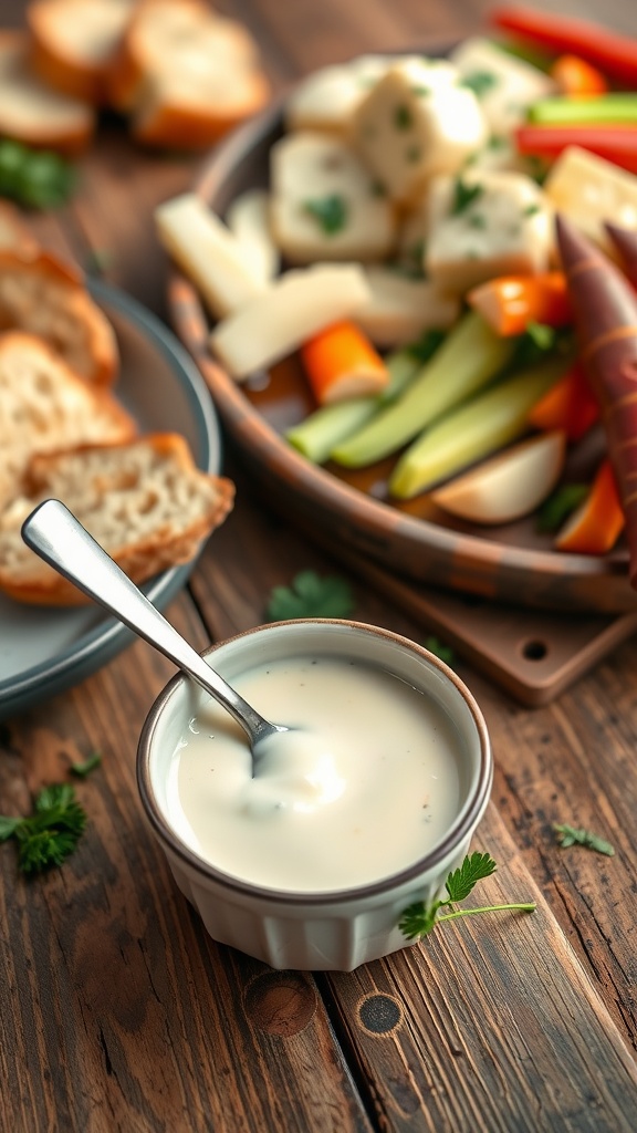 Creamy garlic sauce in a bowl with fresh parsley, alongside melted raclette cheese and bread.